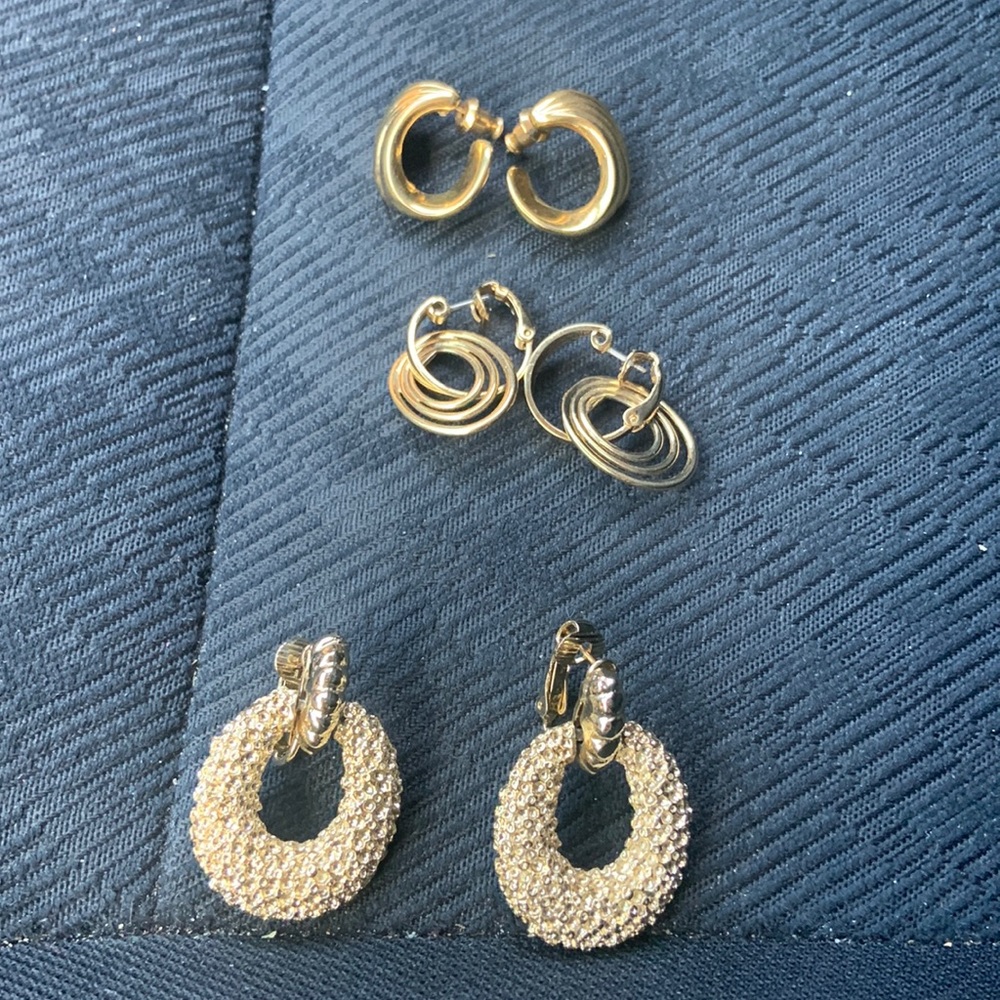 Gold Tone 1980’s Earrings Vintage Costume Jewelry for Pierces Ears Bundle of 3